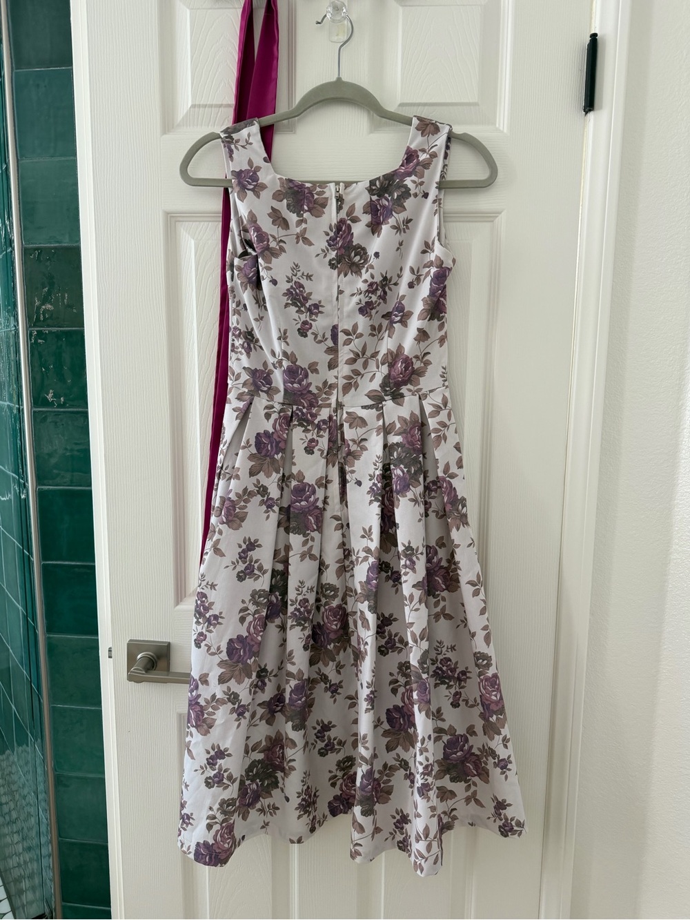 Bettie Page Cream Fit-and-Flare Dress with Purple Rose Print